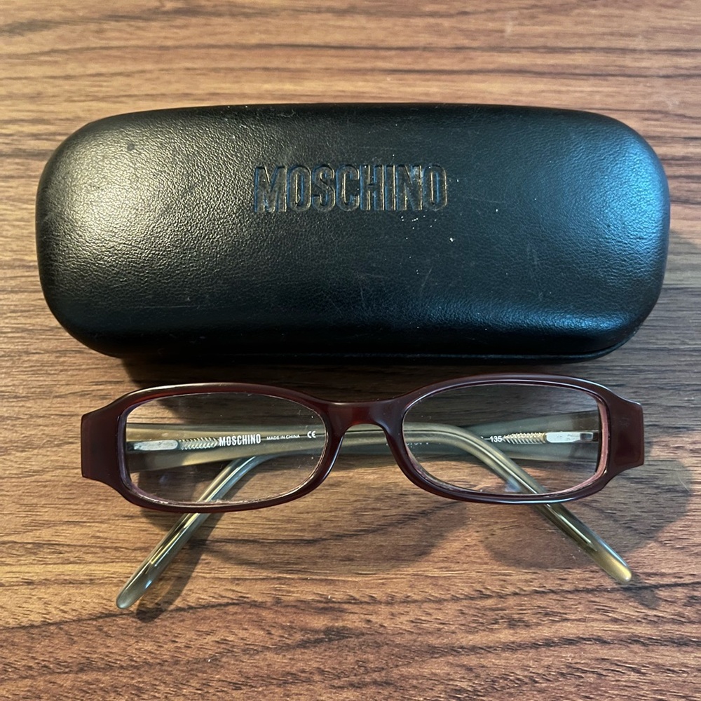 Moschino Deep Red/Maroon Eyeglasses, Case and Lens Cloth